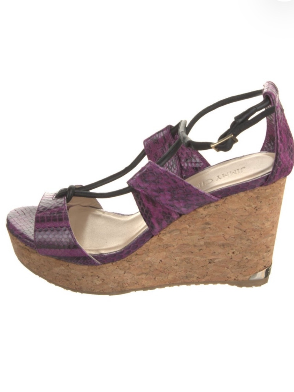 Jimmy Choo Purple Snake-Print Cork Wedge Sandals with Ankle Straps